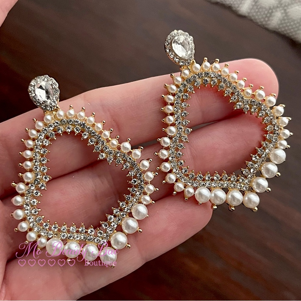 Gold Crystal Pearl Stud Earrings